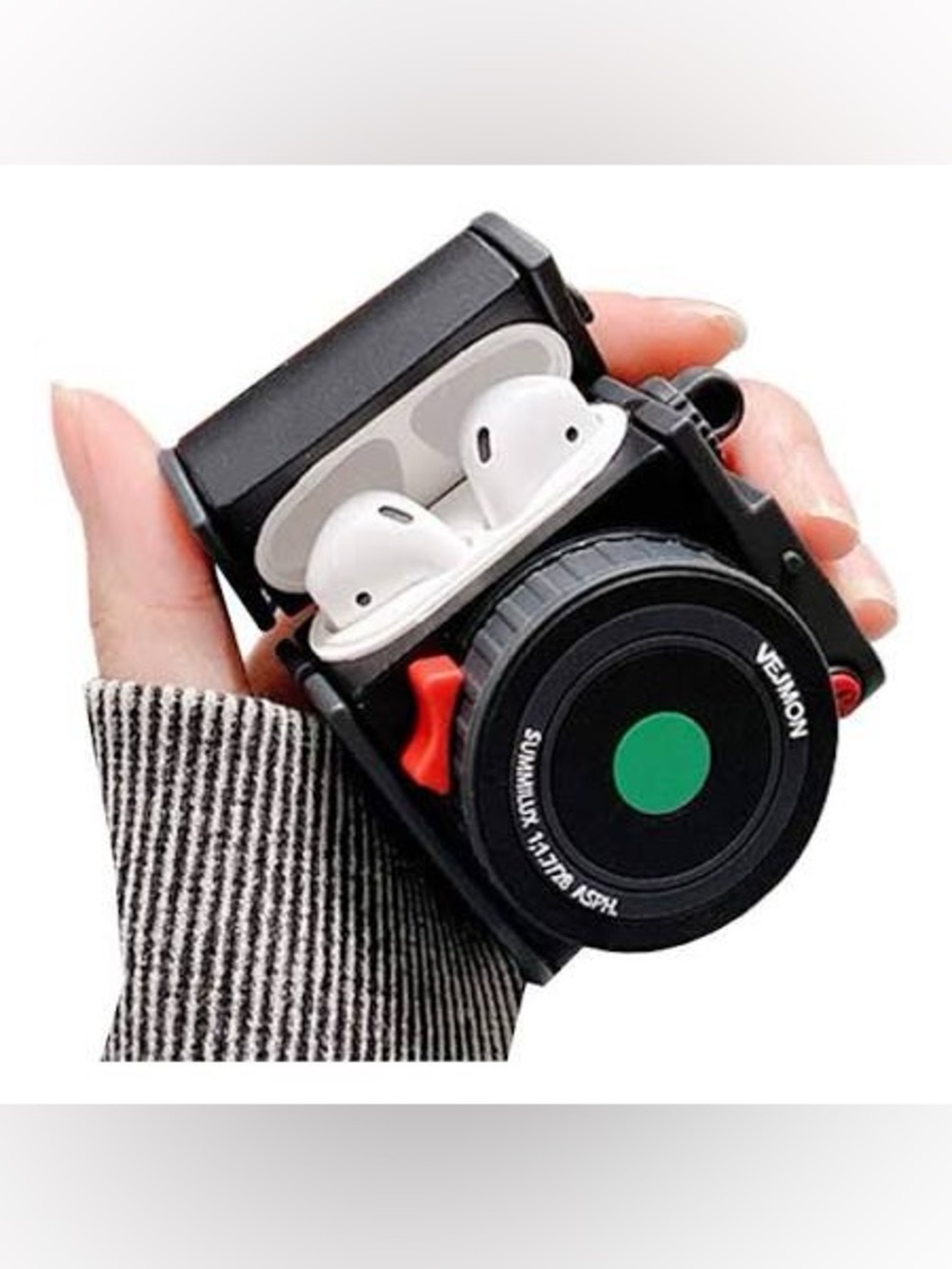 Camera Lens Style AirPods Case Cover - Black with Green Accent